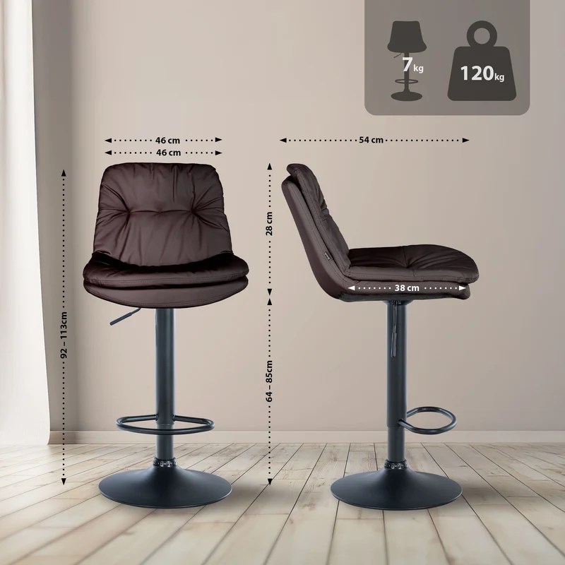Tabouret chaise haute x1 pour cuisine et bar à assise moelleuse en similicuir marron foncé cadre en métal noir 10_0005905