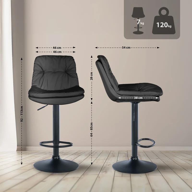 Tabouret chaise haute x1 pour cuisine et bar à assise moelleuse en similicuir noir foncé cadre en métal noir 10_0005701