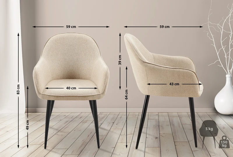 Chaise de salle à manger x1 avec accoudoirs en tissu taupe et structure métallique 10_0007149