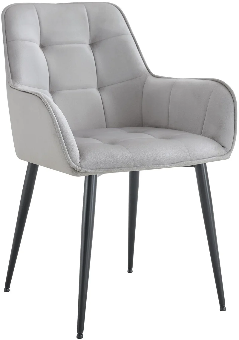 Chaise de salle à manger x1 avec accoudoirs en velours gris clair capitonné cadre métal noir 10_0007198