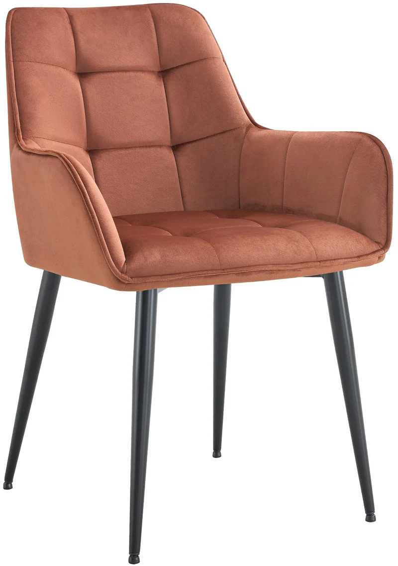 Chaise de salle à manger x1 avec accoudoirs en velours marron capitonné cadre métal noir 10_0007196