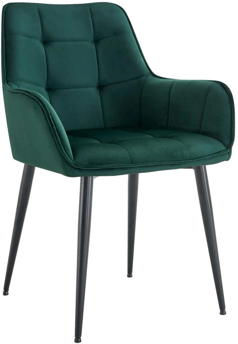 Chaise de salle à manger x1 avec accoudoirs en velours vert foncé capitonné cadre métal noir 10_0007195