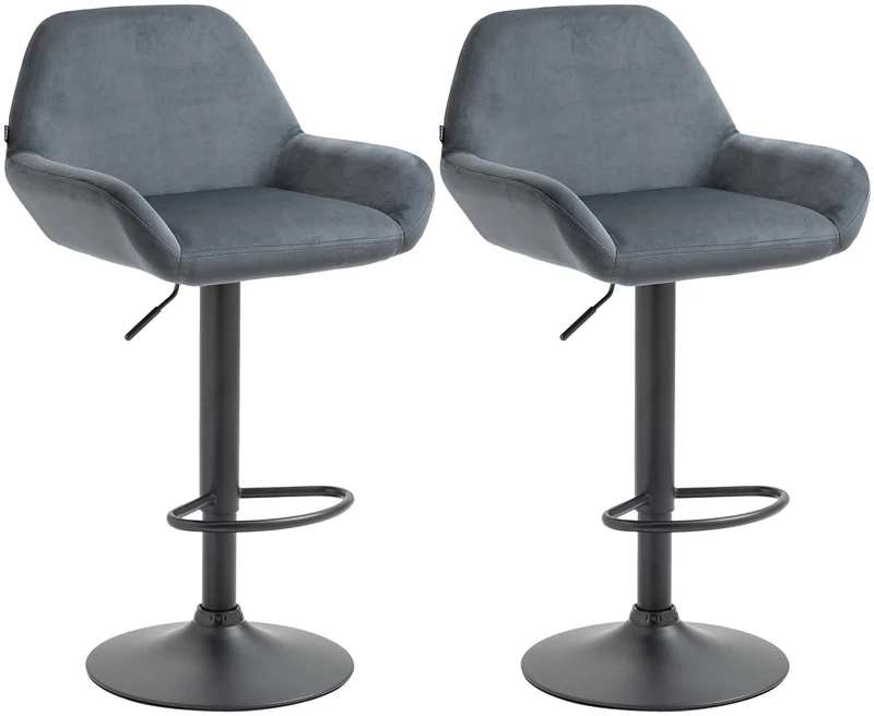 Lot de 2 tabourets de bar repose-pieds en forme d'arc en métal noir assise en velours gris foncé 10_0004034
