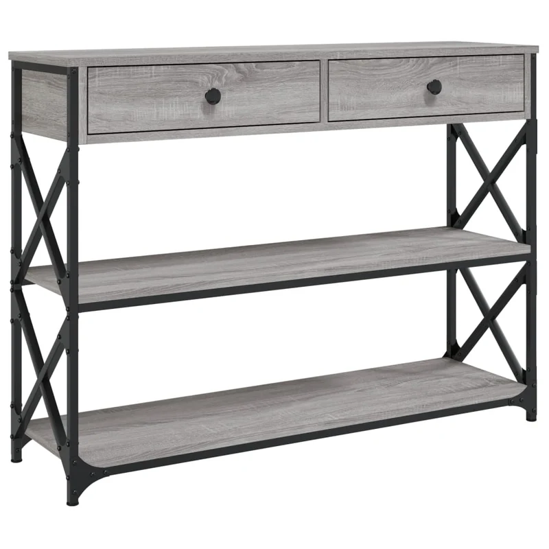 Table console meuble d'entrée avec étagères 100 x 28 x 75 cm bois d'ingénierie gris et métal DEC032187