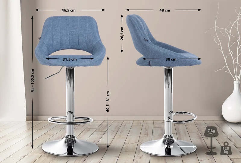 Tabouret de bar x1 réglable en hauteur en tissu bleu dossier ajouré et pied métal chromé 10_0006189