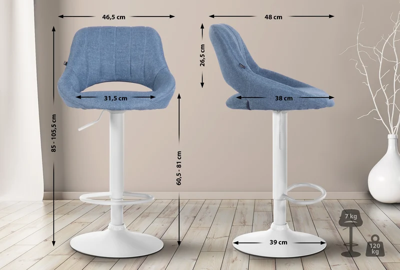 Tabouret de bar x1 réglable en hauteur en tissu bleu dossier ajouré et pied métal blanc 10_0006188
