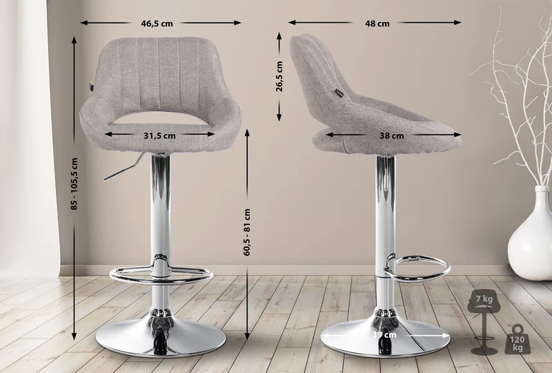 Tabouret de bar x1 réglable en hauteur en tissu gris dossier ajouré et pied métal chromé 10_0005943