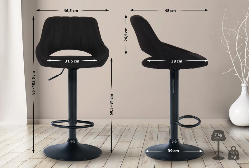 Tabouret de bar x1 réglable en hauteur en tissu noir dossier ajouré et pied métal noir 10_0005901