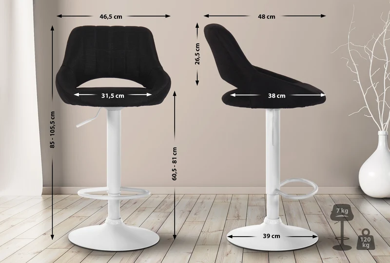 Tabouret de bar x1 réglable en hauteur en tissu noir dossier ajouré et pied métal blanc 10_0005900