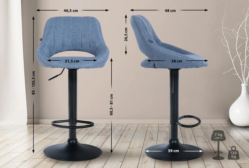 Lot de 2 tabourets de bar réglables en tissu bleu dossier ajouré et pied métal noir 10_0006573