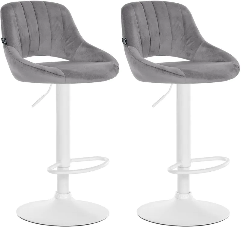Lot de 2 tabourets de bar réglables en velours gris foncé dossier ajouré et pied métal blanc 10_0006264