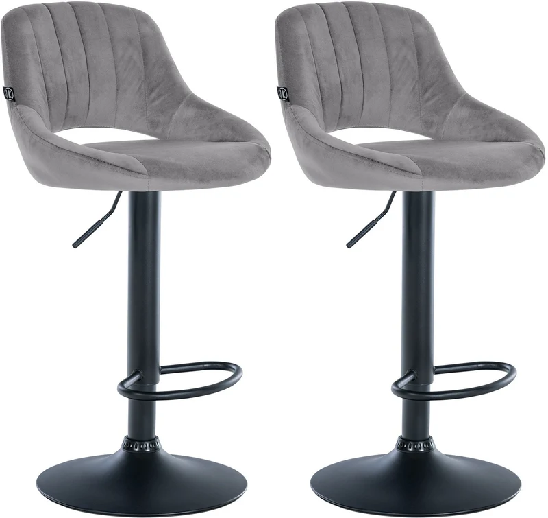 Lot de 2 tabourets de bar réglables en velours gris foncé dossier ajouré et pied métal noir 10_0005887
