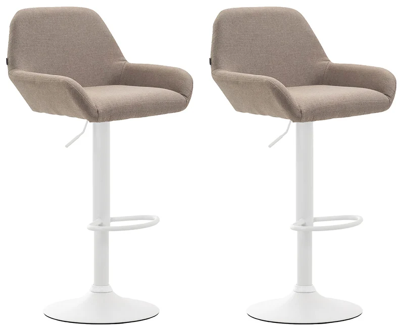 Lot de 2 tabourets de bar avec repose-pieds et accoudoirs en tissu taupe piètement en trompette métal blanc 10_0006102