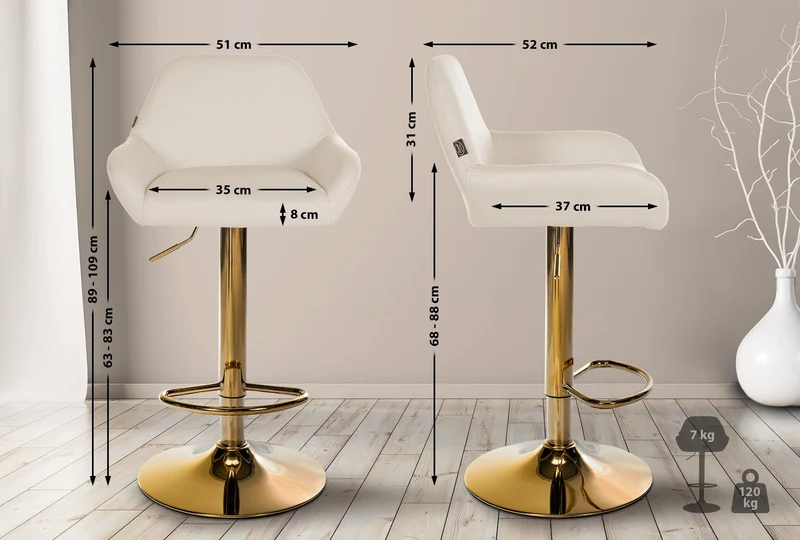 Tabouret de bar x1 avec repose-pieds et accoudoirs en tissu crème piètement en trompette métal doré 10_0005797