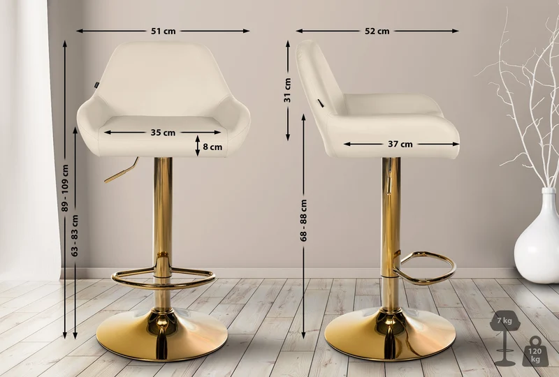 Tabouret de bar x1 avec repose-pieds et accoudoirs en similicuir crème piètement en trompette métal doré 10_0005606