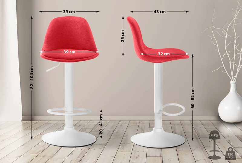 Tabouret de bar x1 moderne et confortable assise en tissu rouge pieds en métal blanc 10_0006275