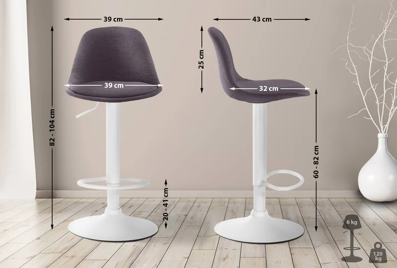 Tabouret de bar x1 moderne et confortable assise en tissu gris foncé pieds en métal blanc 10_0005669