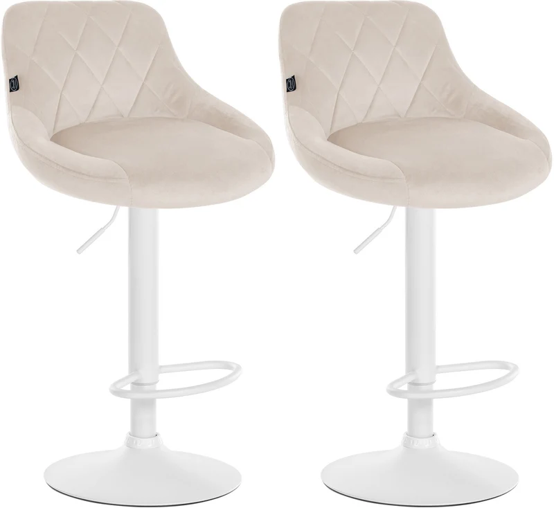 Lot de 2 tabourets de bar pivotant hauteur réglable en velours crème surpiqûres décoratives cadre en métal blanc 10_0006418
