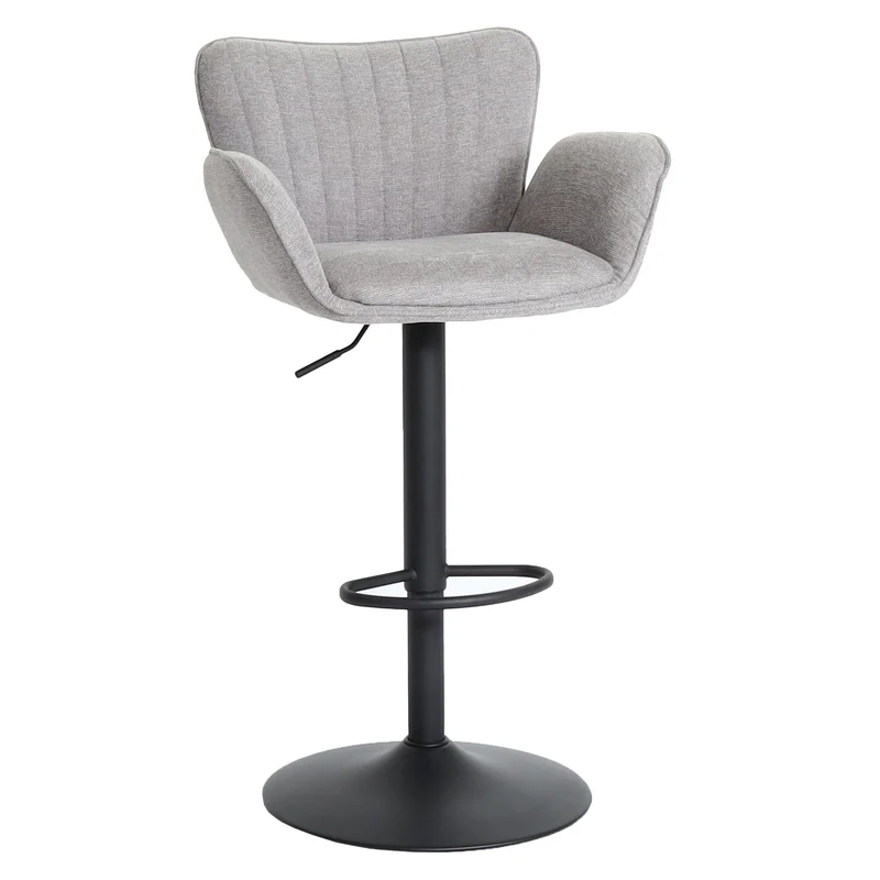 Tabouret de bar x1 pivotant avec accoudoirs et repose-pieds – tissu gris clair – pieds métal noirs 04_0008589