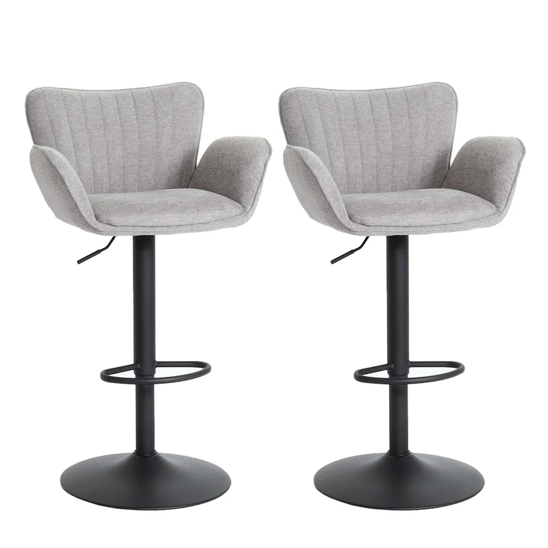 Lot de 2 tabourets de bar Tissu gris clair – Structure en fer noir – Accoudoirs – Repose-pieds – Pivotants à 360° – Réglables en hauteur 04_0007466