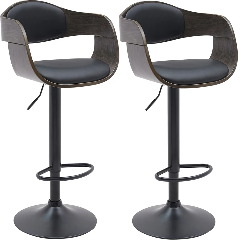 Set de 2 tabourets de bar chaises hautes pieds trompette en métal noir assise en bois gris et similicuir noir TDB10765