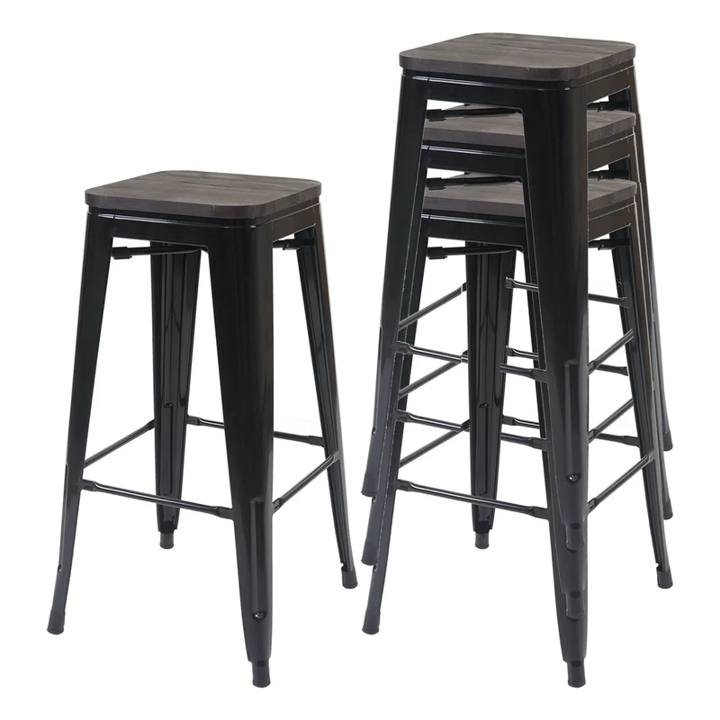 Lot de 4 tabourets de bar empilable design industriel siège en bois et cadre en métal noir 04_0007579