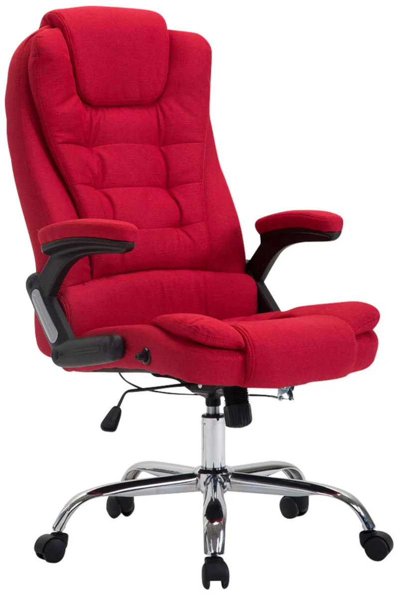 Fauteuil de bureau XXL sur roulettes confortablement rembourrés avec accoudoirs en tissu rouge et métal chromé 10_0002666