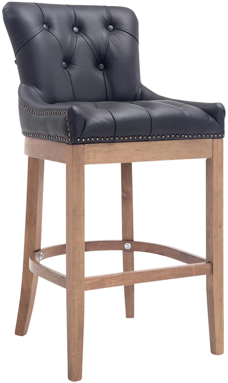 Tabouret de bar x1 confortable design rétro assise capitonné en véritable cuir noir pieds en bois clair 10_0005057