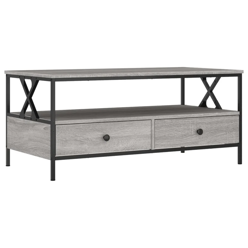 Table basse avec 2 tiroirs et 1 étagère 100 x 51 x 45 cm bois d'ingénierie gris et métal DEC039963