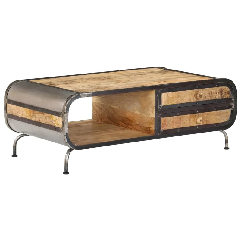 Table basse de salon design moderne avec tiroirs 100 x 50 x 35 cm bois de manguier et fer DEC036921