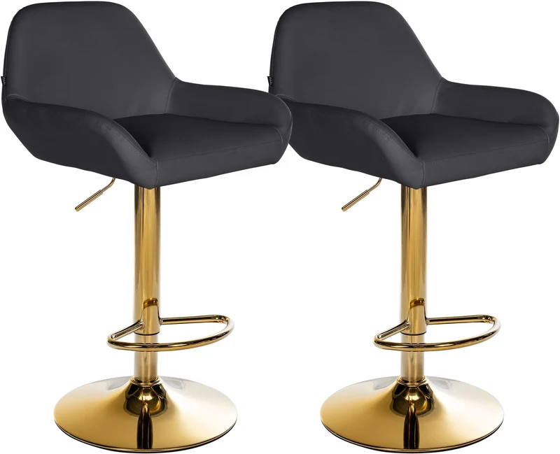 Lot de 2 tabourets de bar repose-pieds en forme d'arc en métal doré assise en PVC noir TDB10803
