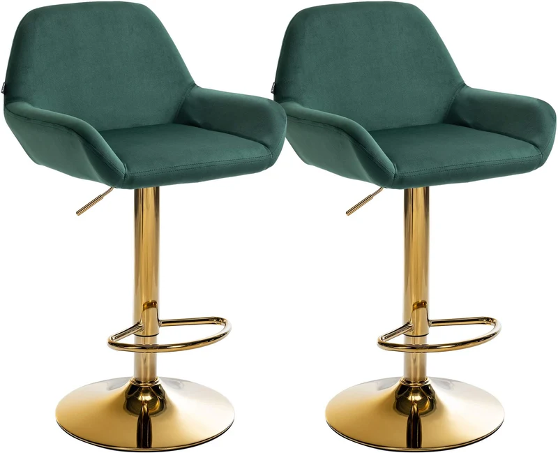Lot de 2 tabourets de bar repose-pieds intégré revêtement velours vert structure en métal doré TDB10739