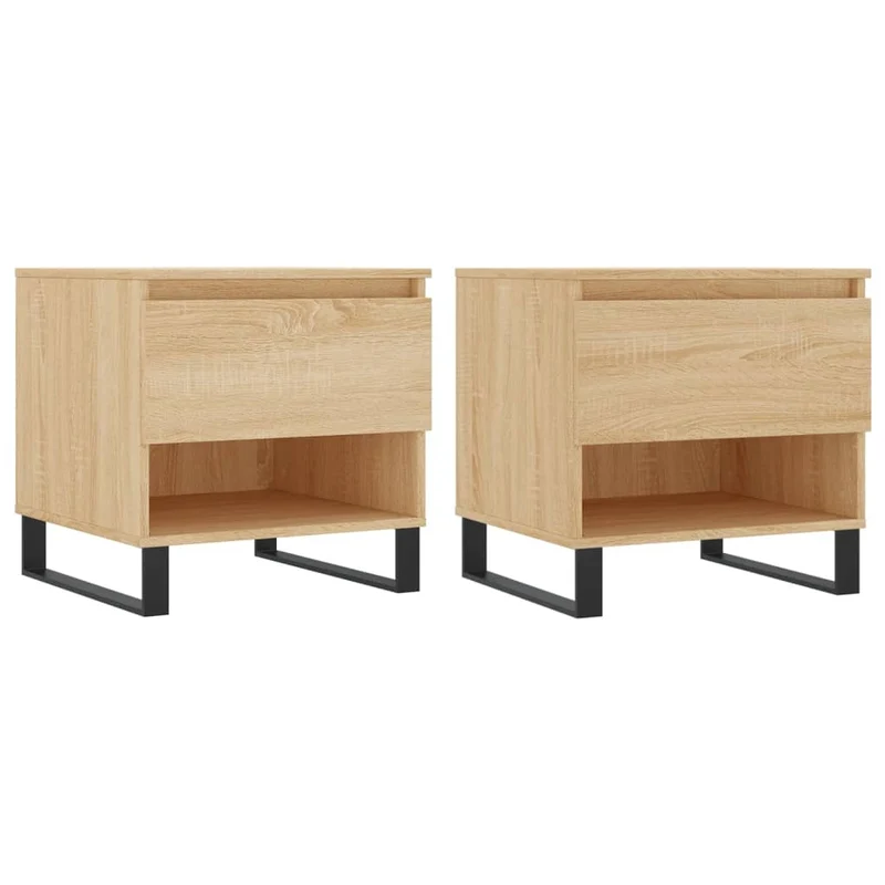 Lot de 2 tables basses chevet avec tiroir 50 x 46 x 50 cm bois d'ingénierie couleur chêne et métal DEC040378