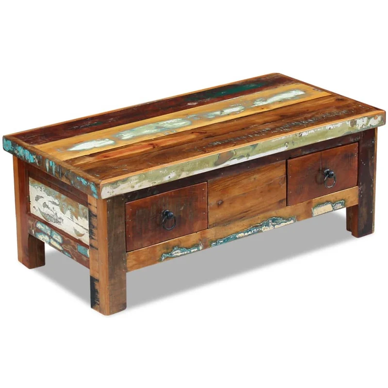 Table basse avec tiroirs en bois de récupération effet vieilli coloré 90 x 45 x 35 cm DEC040218
