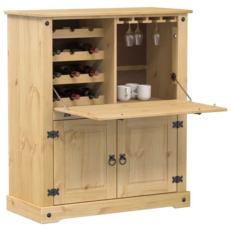 Armoire à vin compartiments de rangement porte rabattable 97 x 45 x 114 cm en bois de pin massif brun DEC024428