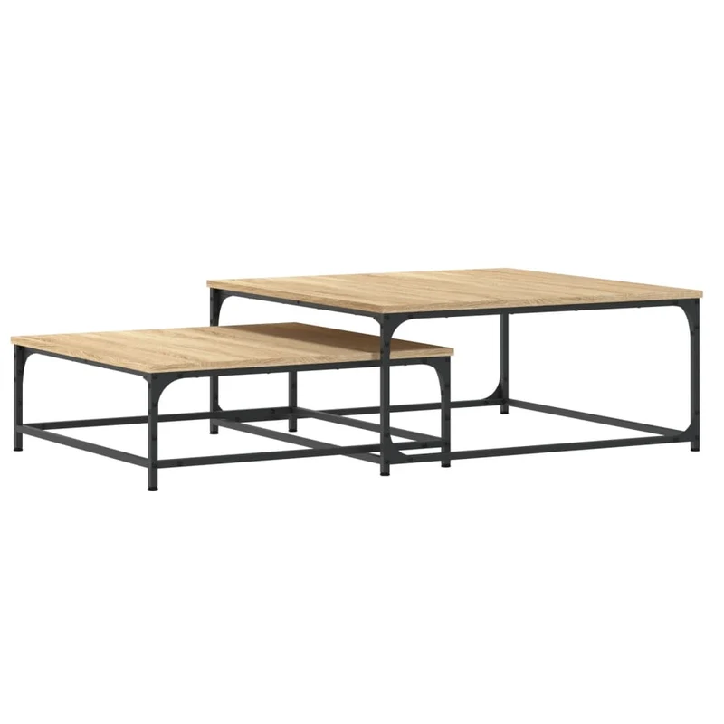 Lot de 2 tables basses gigognes design industriel en bois d'ingénierie couleur chêne et fer DEC040505
