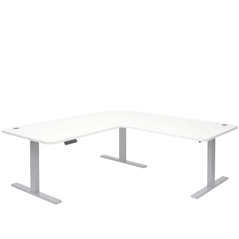 Bureau d'angle table d'ordinateur réglable en hauteur électriquement 178 x 178 cm HDF couleur blanc pieds acier gris 04_0006022