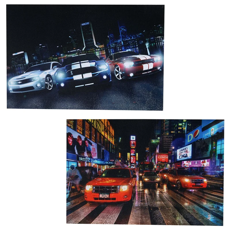 Lot de 2 tableaux LED sur toile tableau illuminé tableau mural 40x60cm minuterie Voitures 04_0000455