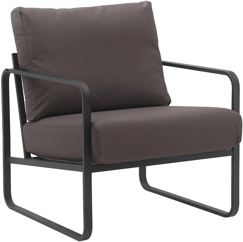 Fauteuil lounge design retro chic en PVC marron et cadre en métal noir mat 10_0002812
