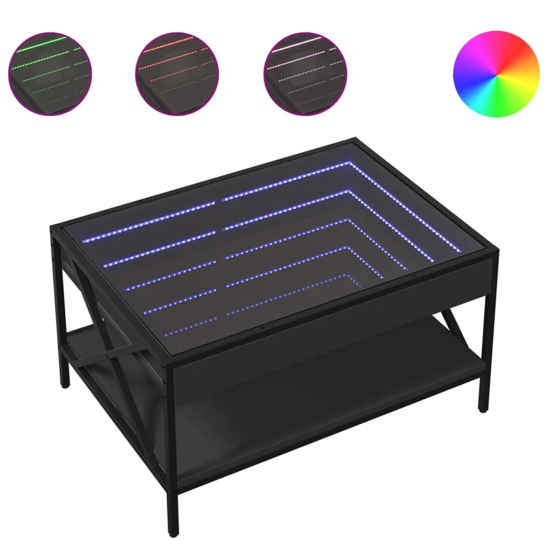 Table basse de salon avec étagère design moderne avec LED 70 x 50 x 38 cm bois d'ingénierie noir verre et métal DEC037516