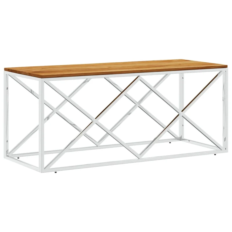 Table basse de salon design moderne en acier inoxydable argenté et bois massif d'acacia DEC037254