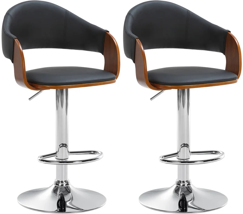 Lot de 2 tabourets de bar chaises de comptoir en similicuir noir cadre en bois et pieds en métal TDB10742