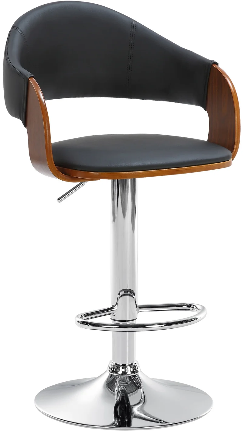 Tabouret de bar design rétro chic assise en PVC noir et bois noyer piètement en métal chromé 10_0005289