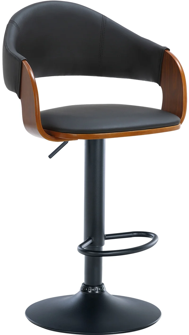 Tabouret de bar design rétro chic assise en PVC noir et bois noyer piètement en métal noir 10_0005292