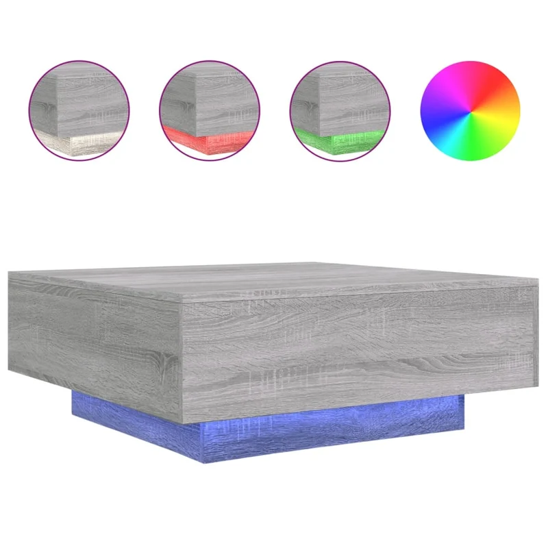 Table basse de salon design moderne avec lumières LED 80 x 80 x 31 cm bois d'ingénierie gris DEC037694