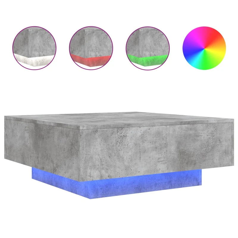 Table basse de salon design moderne avec lumières LED 80 x 80 x 31 cm bois d'ingénierie gris DEC037663