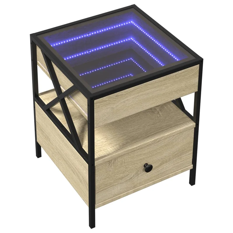 Table de chevet avec tiroir design moderne avec LED 40 x 40 x 51 cm bois d'ingénierie couleur chêne verre et métal DEC037561
