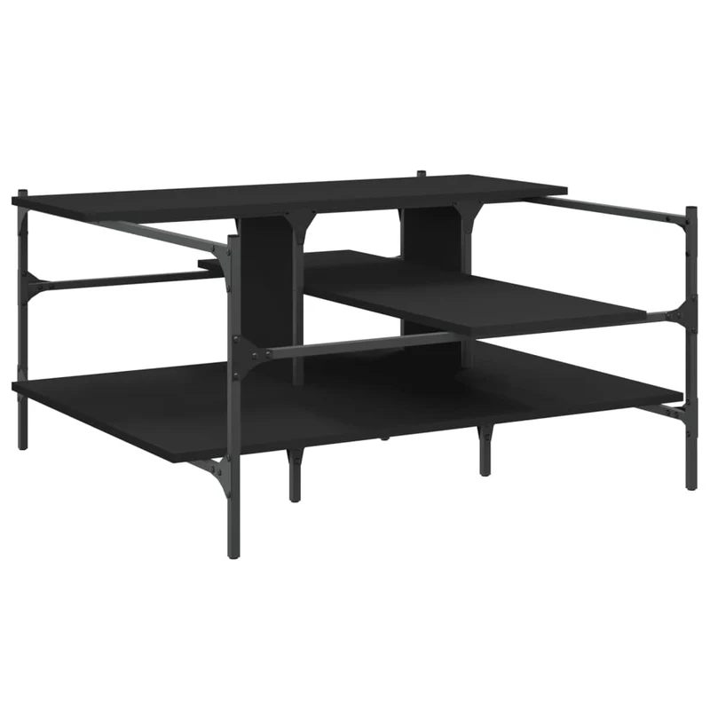 Table basse avec étagères design industriel 100 x 100 x 48,5 cm bois d'ingénierie noir et acier DEC039526