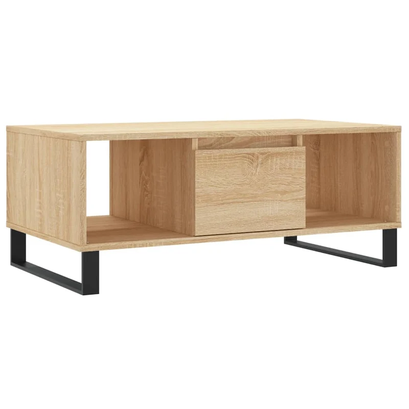 Table basse 2 compartiments et tiroir design moderne et contemporaine 90 x 50 x 36,5 cm bois d'ingénierie couleur chêne et métal DEC039038