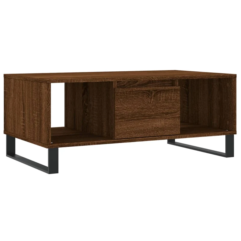 Table basse avec tiroir et deux compartiments ouverts design moderne et contemporaine 90 x 50 x 36,5 cm bois d'ingénierie marron et métal DEC038794